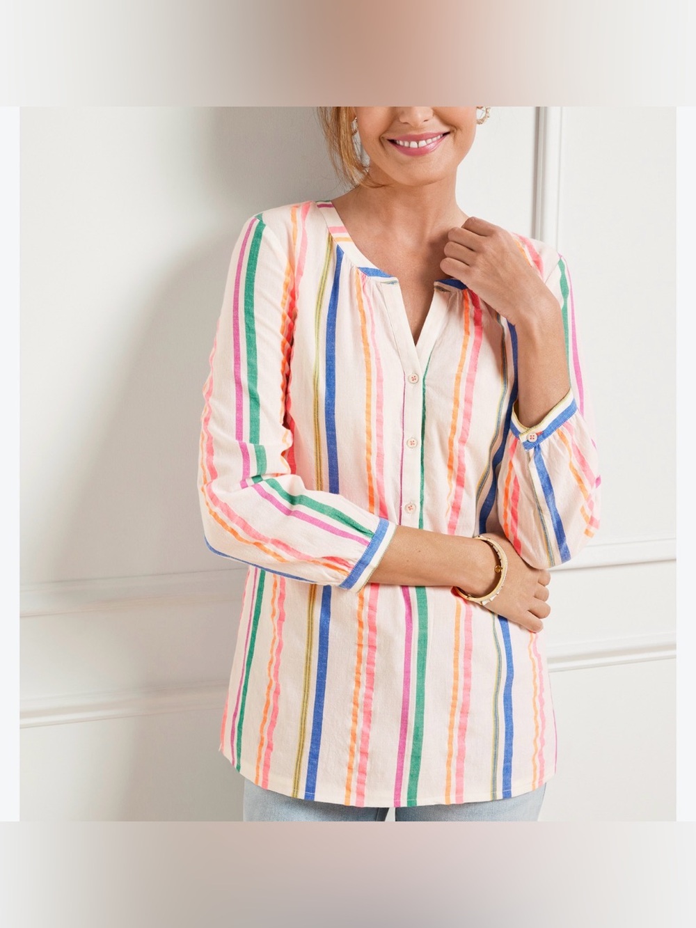 Women’s Pink Multi-Stripe Button Front Swim Cover-Up Top